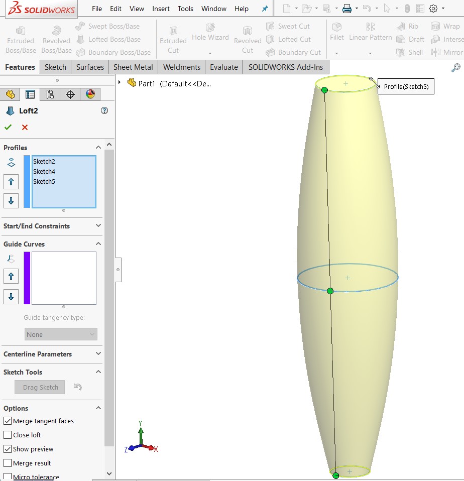 مدلسازی اولیه&zwnj;ی بدنه&zwnj;ی پیچ با دستور Loft در نرم&zwnj;افزار سالیدورکس